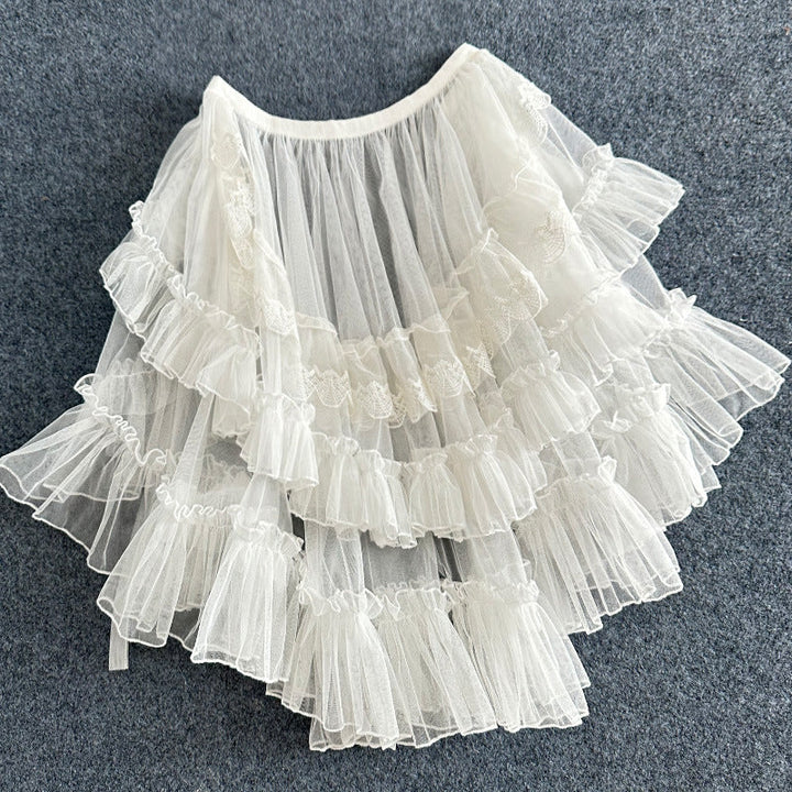 Elegante en romantische dubbellaagse rok met ruches van netkant, perfect voor een geraffineerde en vrouwelijke look
