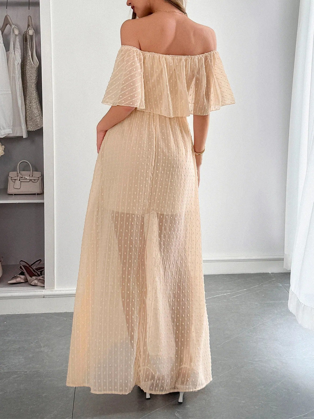 Dames lange jurk plumeti chiffon bardot hals - Julieta