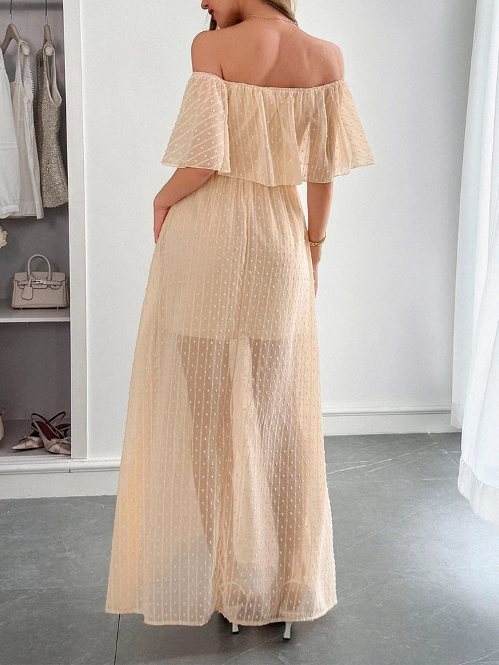 Dames lange jurk plumeti chiffon bardot hals - Julieta