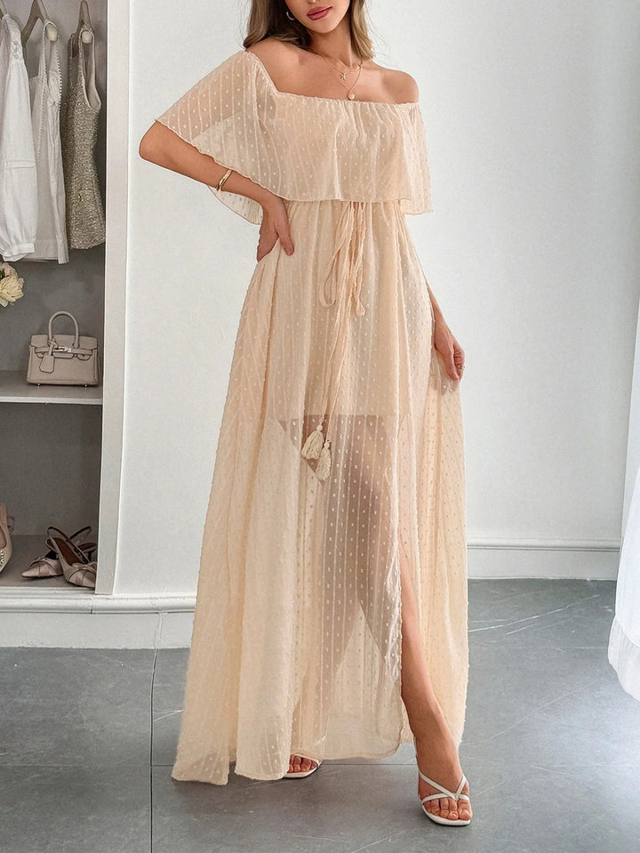 Dames lange jurk plumeti chiffon bardot hals - Julieta