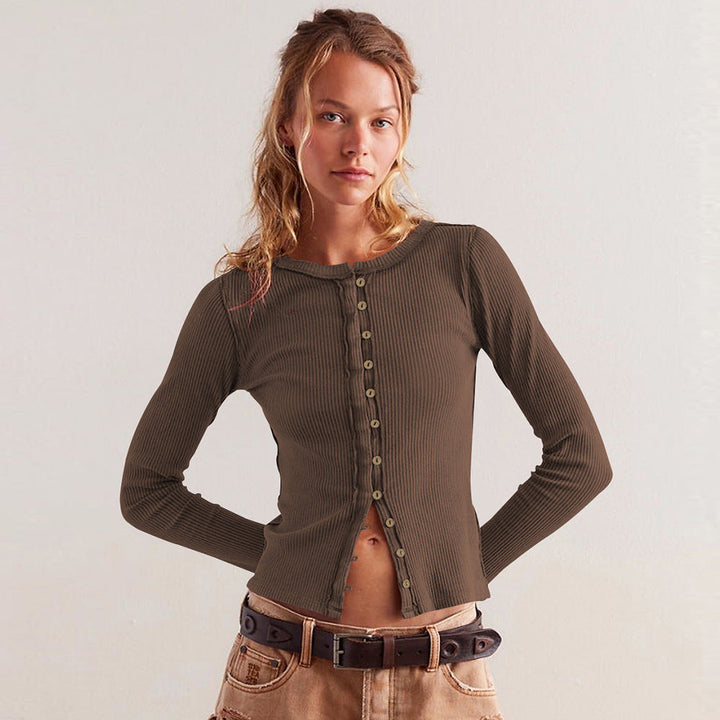 Damescardigan met geribbeld effect en knopen - Seliane