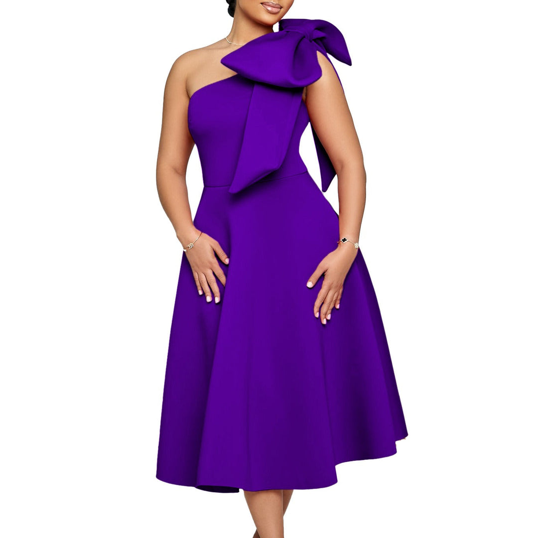 Dames midi-jurk met elegante strik over één schouder - Mireya
