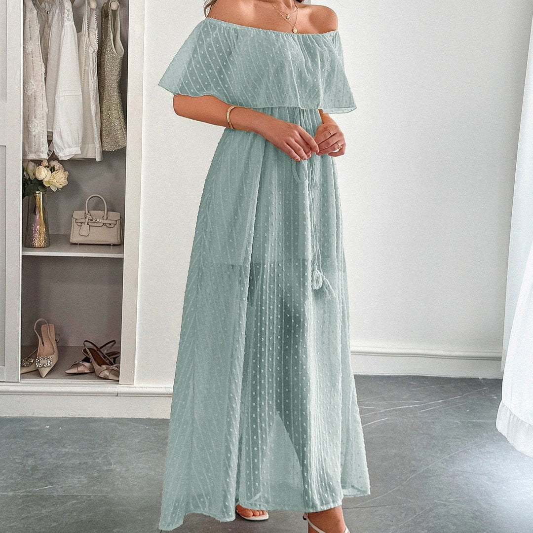 Lange jurk in plumeti chiffon met vloeiende boothals - Noelia