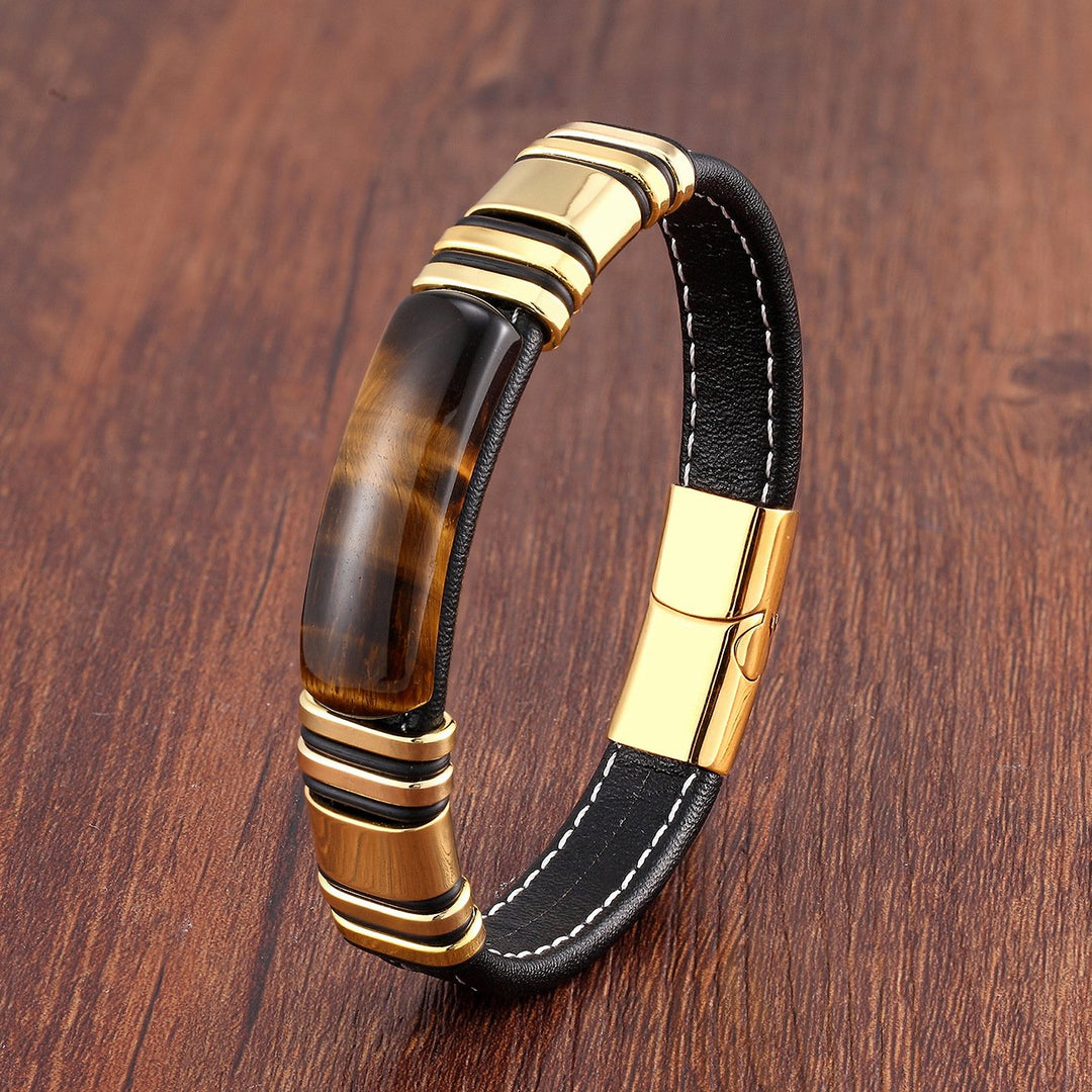 Leren herenarmband met magnetisch ontwerp van roestvrij staal - Vulcan