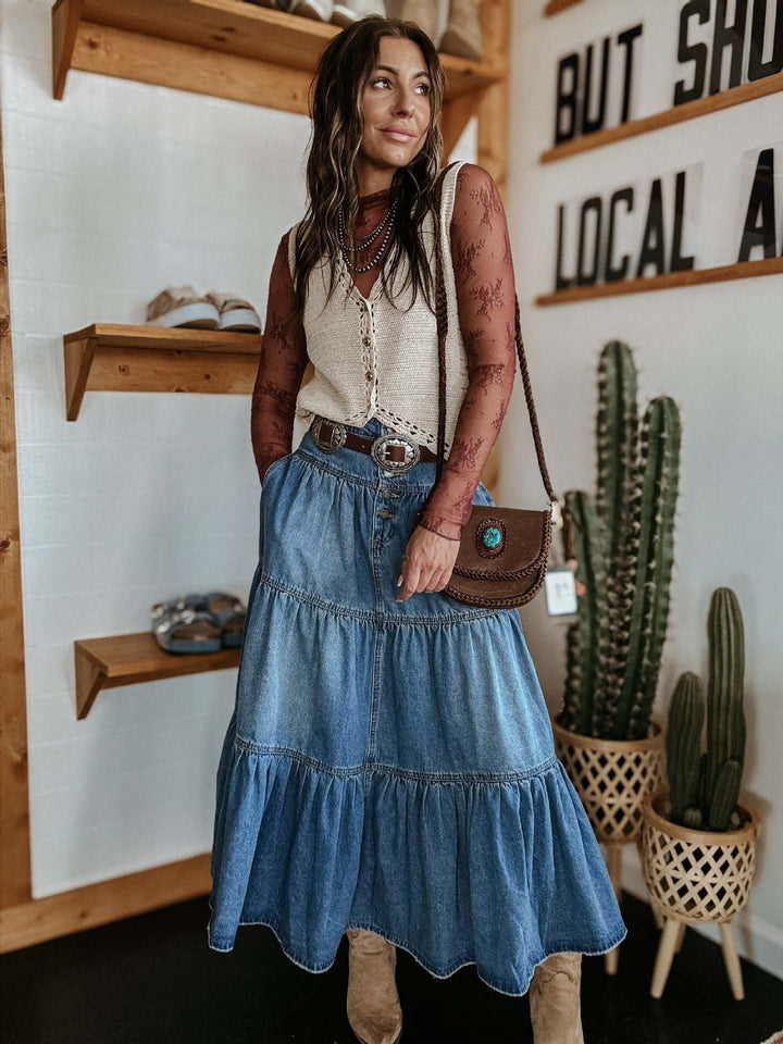 Lange denim damesrok met ruches bohemian stijl - Alaya
