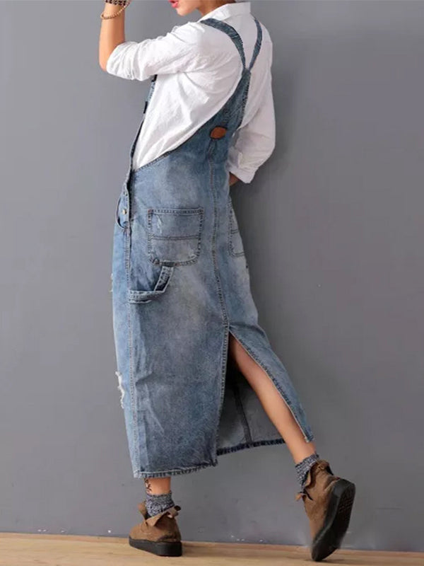 Slabberjurk van distressed denim met split aan de achterkant - Lara