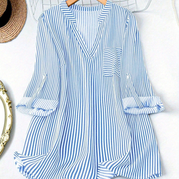 Damesblouse met verticale strepen, vloeiend model, oprolmouwen - Eloisa