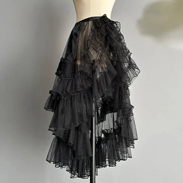 Elegante en romantische dubbellaagse rok met ruches van netkant, perfect voor een geraffineerde en vrouwelijke look