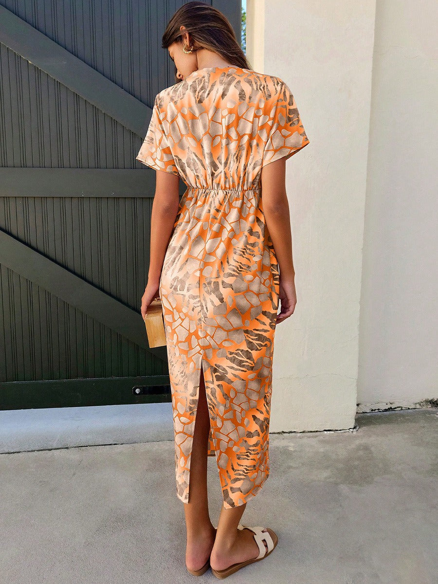Dames midi-jurk abstracte print V-hals - Renata
