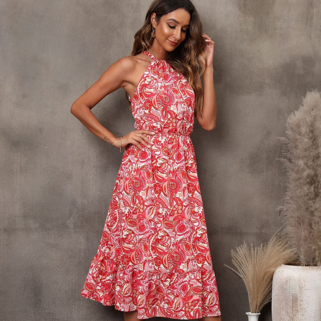 Dames midi-jurk met bloemenprint en mouwloze halterstijl - Mariela