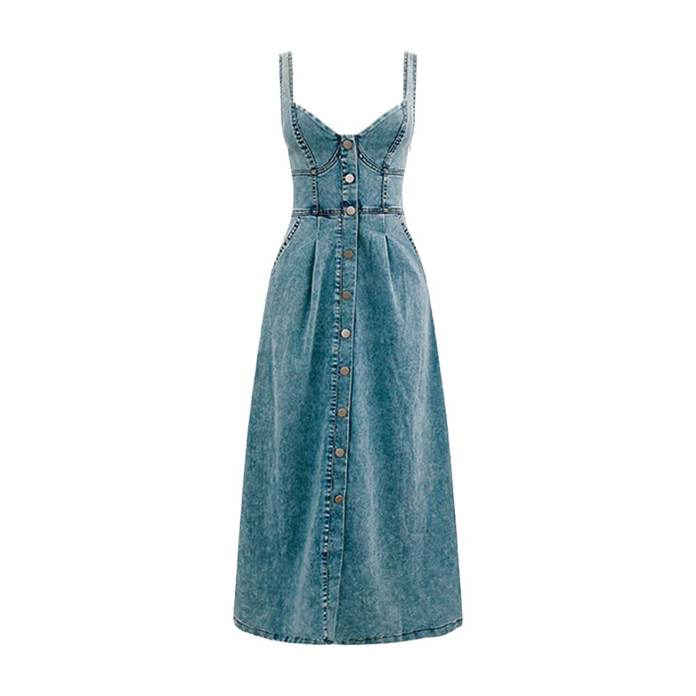 Lange jurk voor dames met lichtblauwe denim bandjes met knopen - Juliette