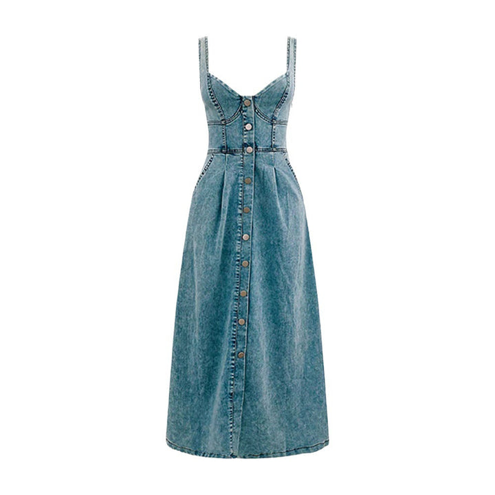 Lange jurk voor dames met lichtblauwe denim bandjes met knopen - Juliette
