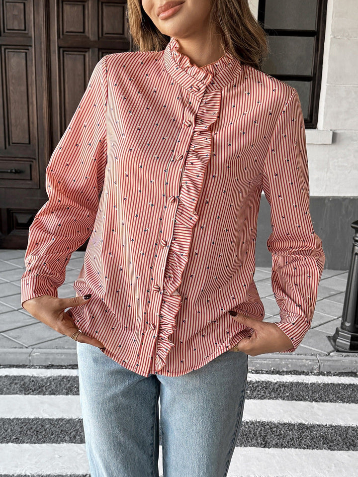 Damesblouse met lange mouwen, ruches en hoge hals - Lorena