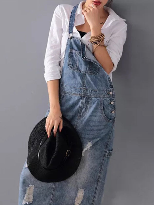 Slabberjurk van distressed denim met split aan de achterkant - Lara
