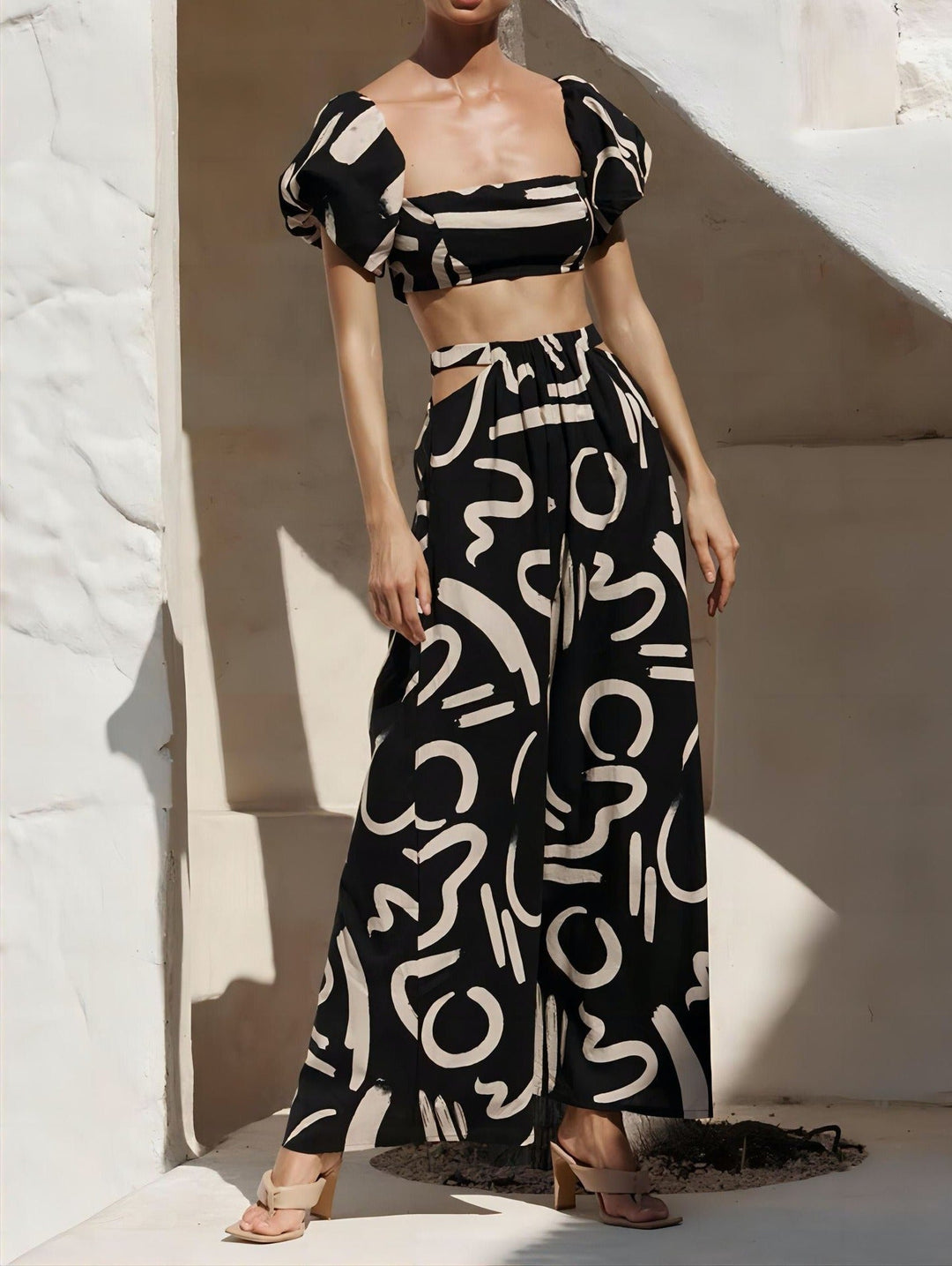 Dames tweedelige set met artistieke print en bardot hals - Eloisa