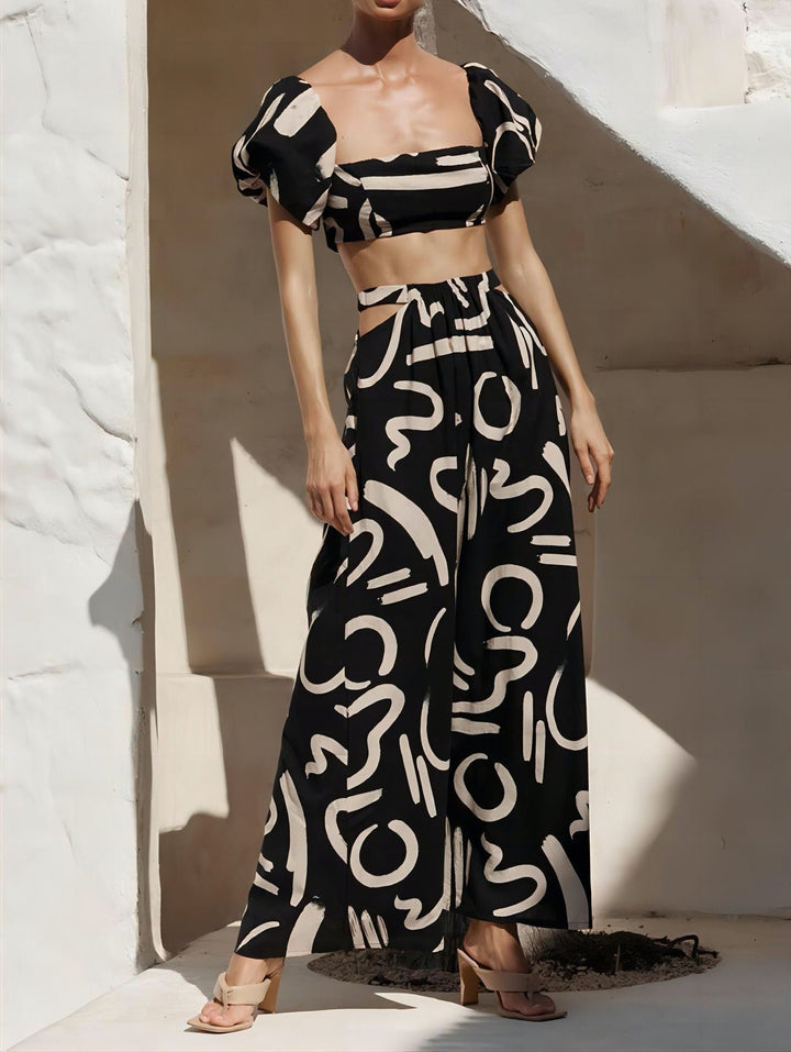 Dames tweedelige set met artistieke print en bardot hals - Eloisa