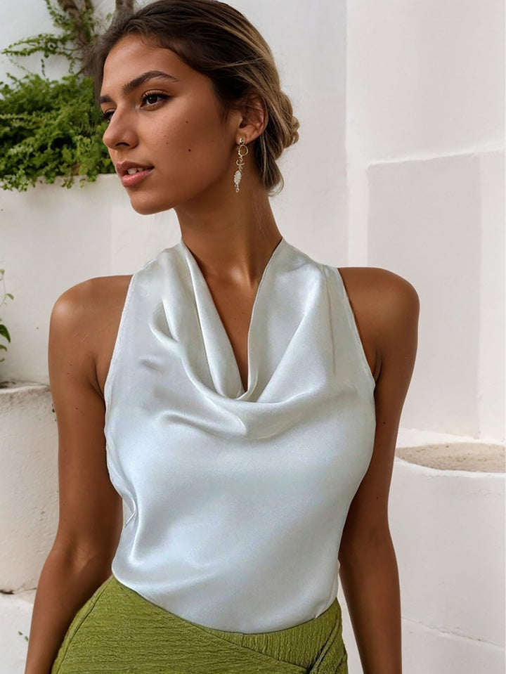 Dames mouwloze blouse satijn gedrapeerde hals bruin - Loren