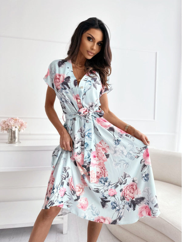 Bloemenprint jurk met korte mouw en groene riem - Mirella