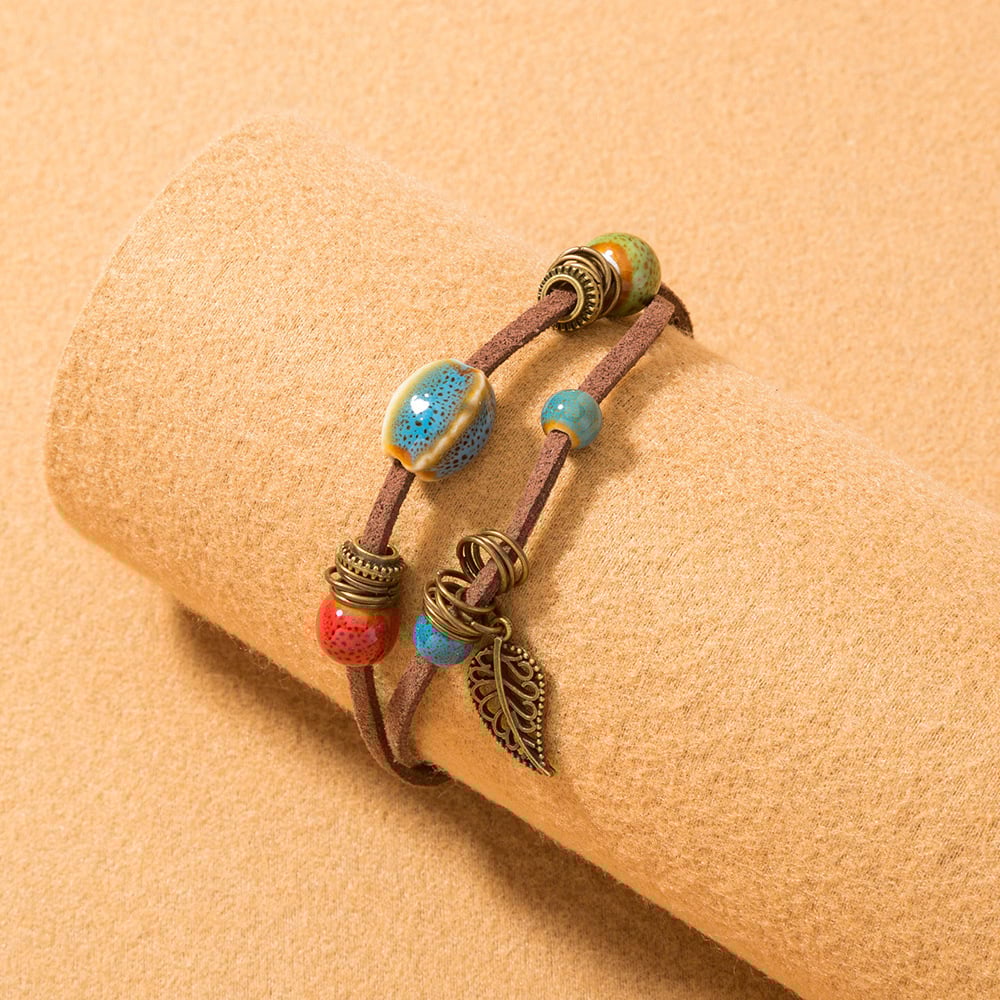 Bohemian damesarmband handgemaakt leer met keramische kralen - Lantana