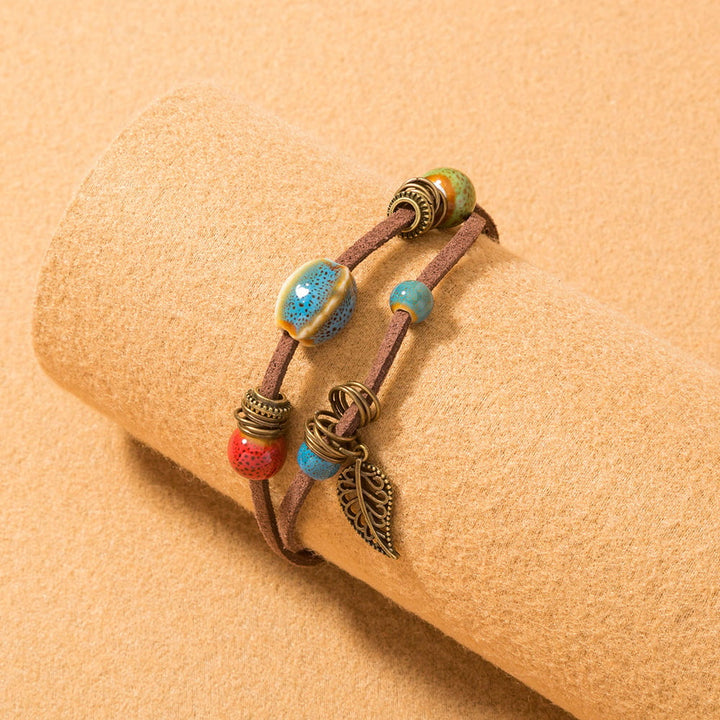 Bohemian damesarmband handgemaakt leer met keramische kralen - Lantana