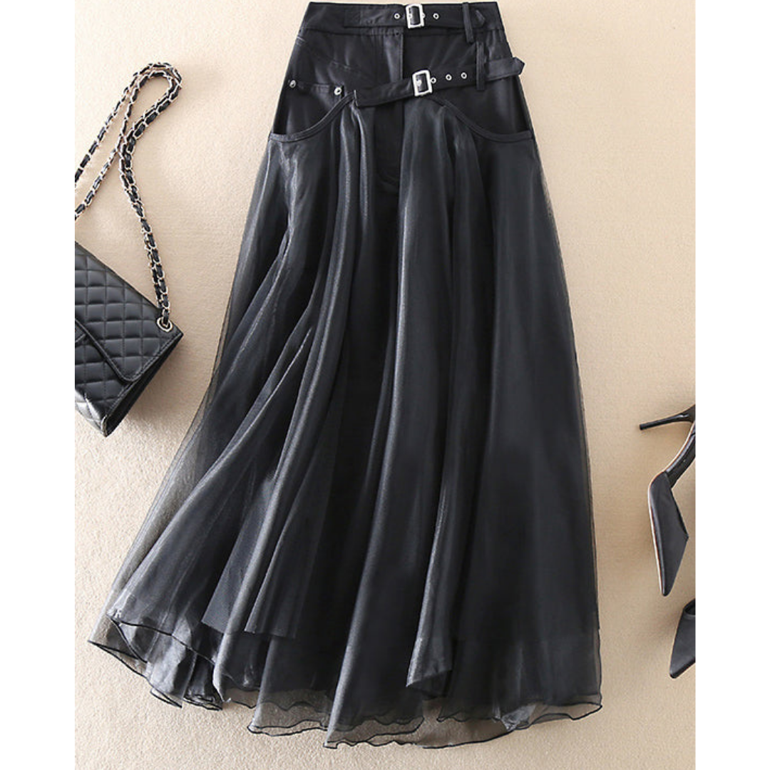 Dames midirok met hoge taille en gelaagde look - met ceintuur