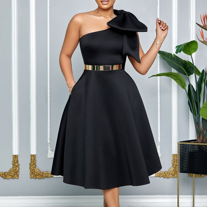 Dames midi-jurk met elegante strik over één schouder - Mireya