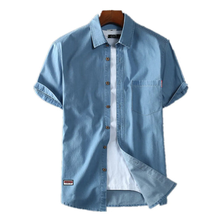 Heren denim overhemd korte mouw katoen blauw - Denver