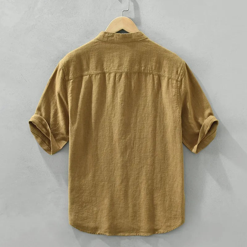 Heren casual overhemd bruin linnen mao kraag - Dario