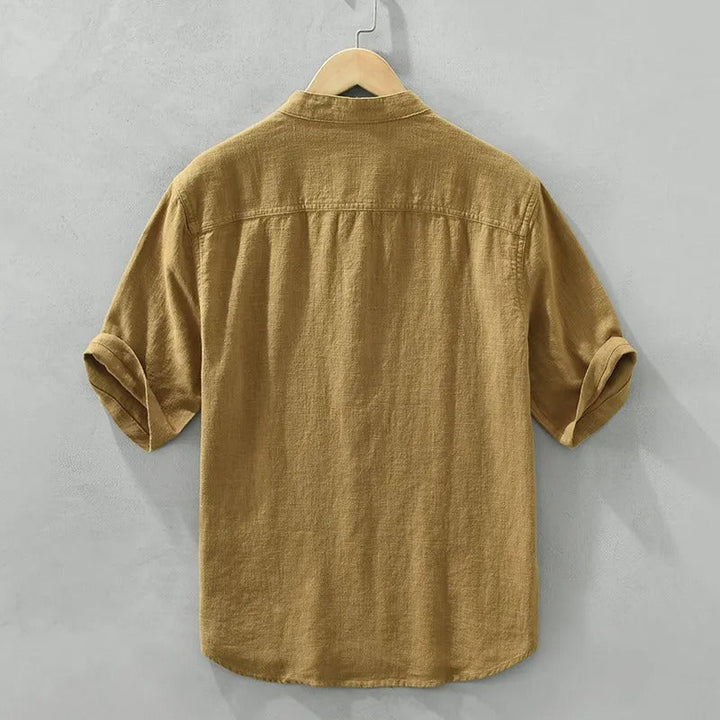 Heren casual overhemd bruin linnen mao kraag - Dario