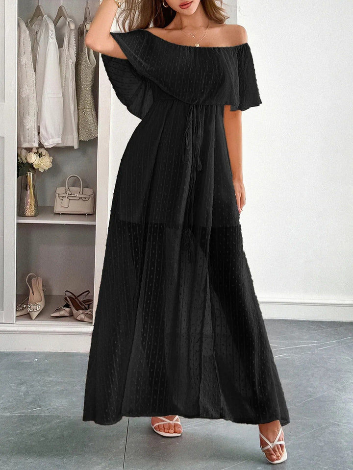 Dames lange jurk plumeti chiffon bardot hals - Julieta