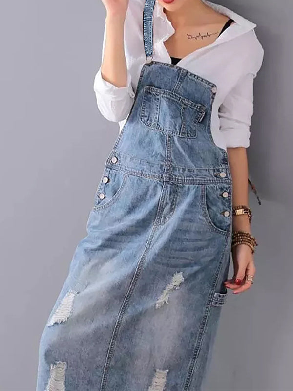Slabberjurk van distressed denim met split aan de achterkant - Lara