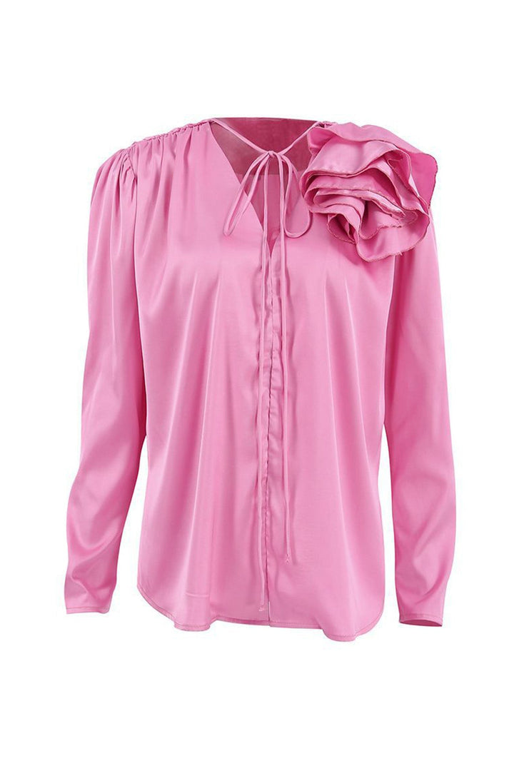 Victoria - Roze gebloemde kanten blouse met V-hals