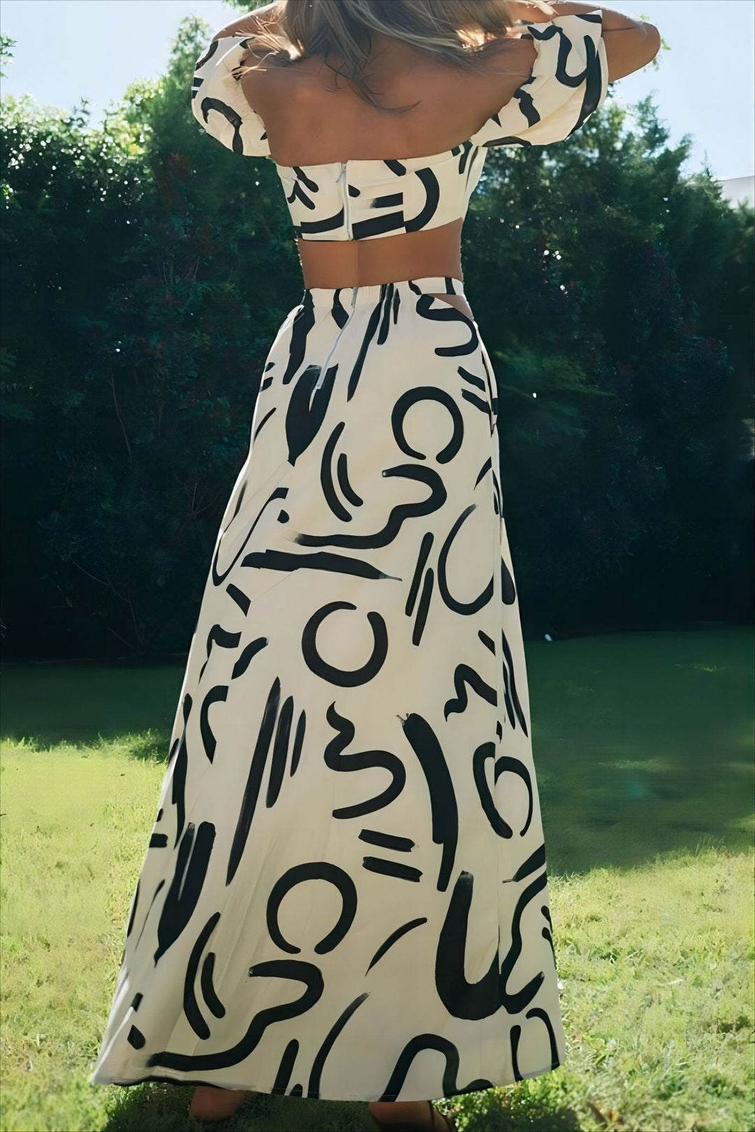 Dames tweedelige set met artistieke print en bardot hals - Eloisa