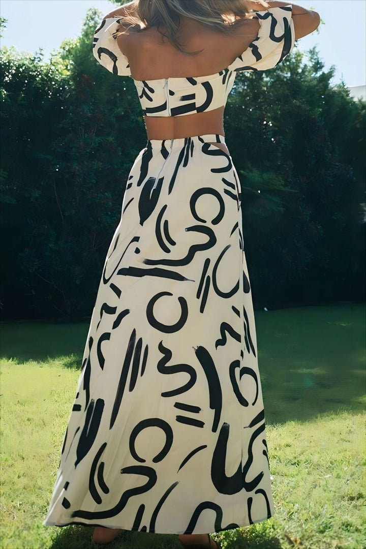 Dames tweedelige set met artistieke print en bardot hals - Eloisa