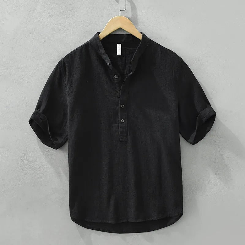 Heren casual overhemd bruin linnen mao kraag - Dario