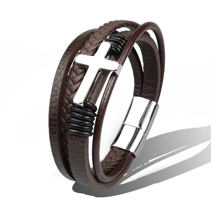 Herenarmband gevlochten leer met roestvrijstalen kruis - Sentinel