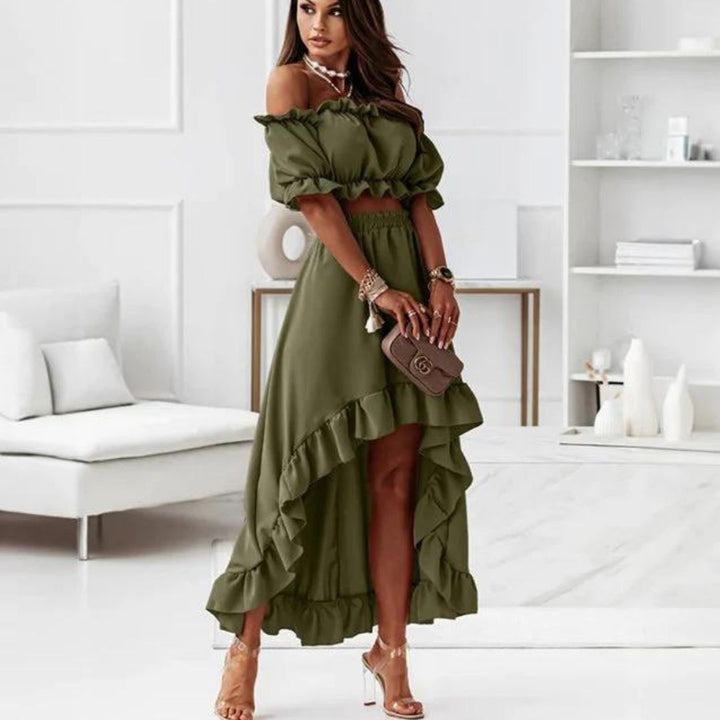 Elenaya - Off-the-shoulder jurk met ruches en hoog-laag zoom