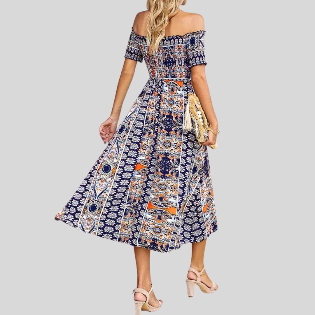 Aurora - Boho off-the-shoulder maxi jurk met ruches