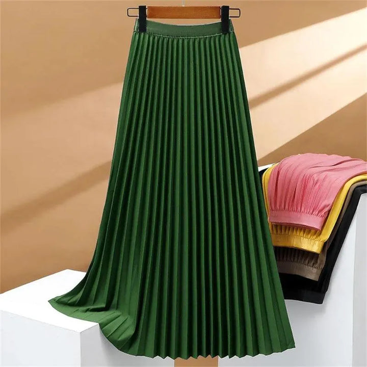 Stretch geplooide lange rok met hoge taille, elegant en comfortabel, perfect voor een verfijnde en vrouwelijke look