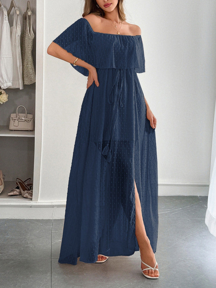 Dames lange jurk plumeti chiffon bardot hals - Julieta