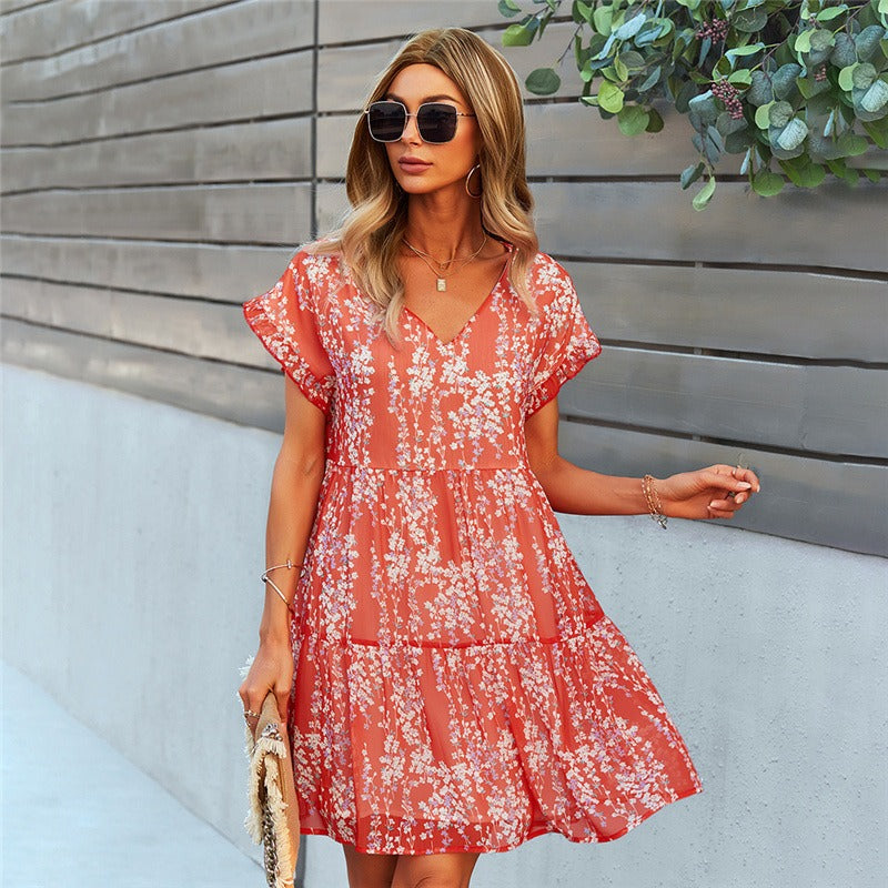 Korte chiffon jurk met vloeiende stijl en print - Lorena