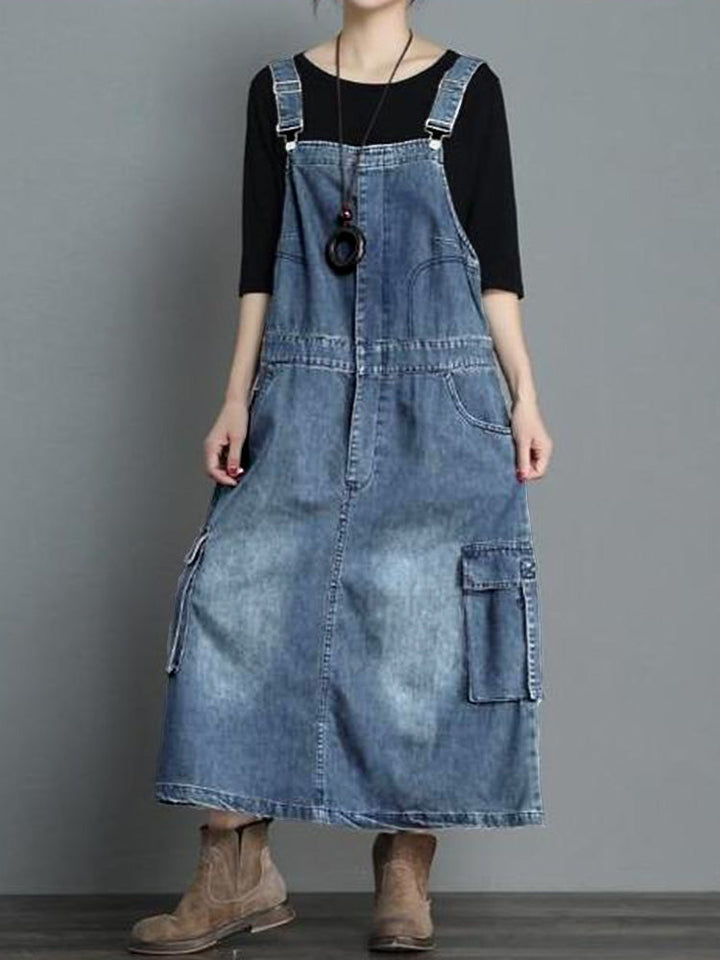 Denim tuinbroekjurk met losse pasvorm - Vici