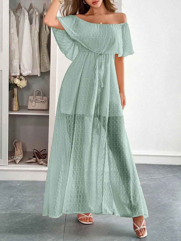 Dames lange jurk plumeti chiffon bardot hals - Julieta