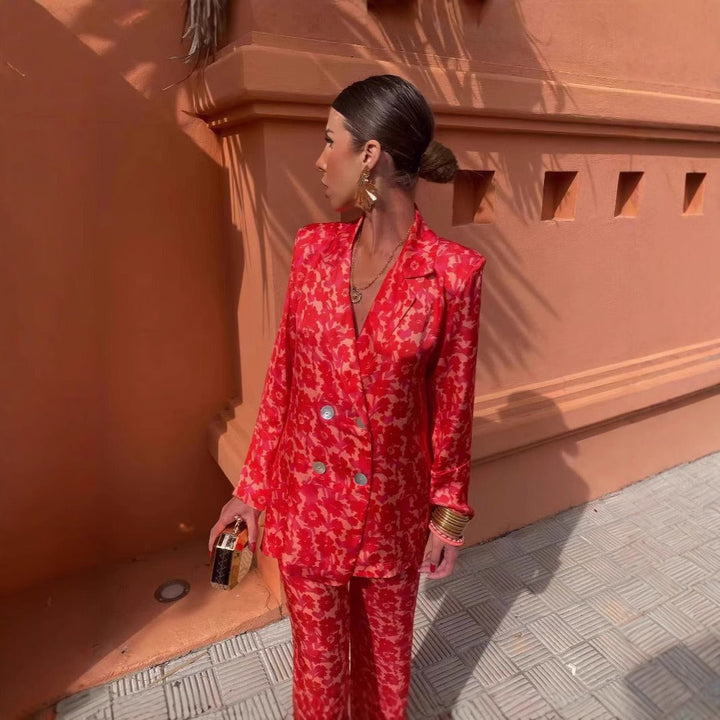 Damesblazer en -broek met elegante rode bloemenprint - Venera
