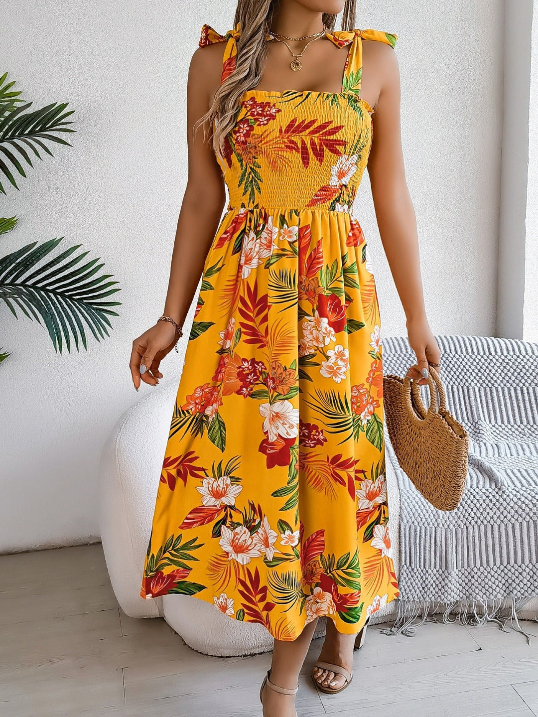 Lange tropische bloemenprint strapless damesjurk - model Kailani