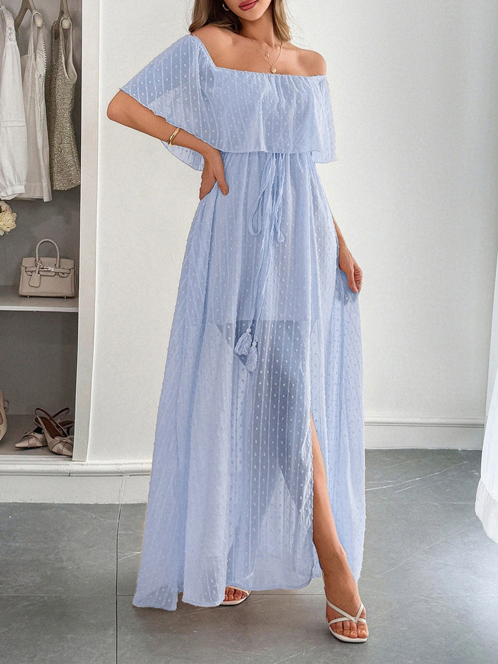 Dames lange jurk plumeti chiffon bardot hals - Julieta
