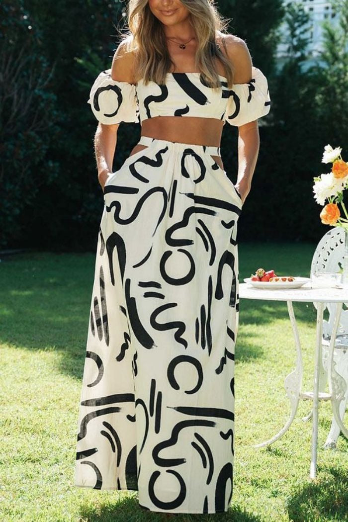 Dames tweedelige set met artistieke print en bardot hals - Eloisa
