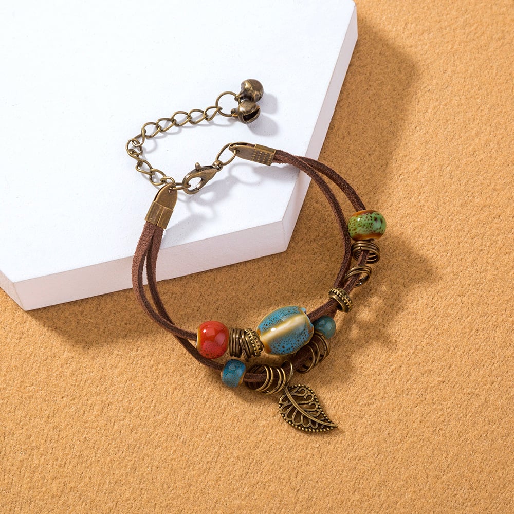 Bohemian damesarmband handgemaakt leer met keramische kralen - Lantana