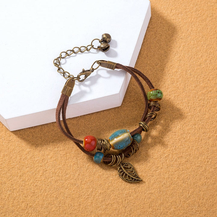 Bohemian damesarmband handgemaakt leer met keramische kralen - Lantana