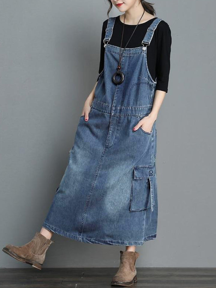 Denim tuinbroekjurk met losse pasvorm - Vici